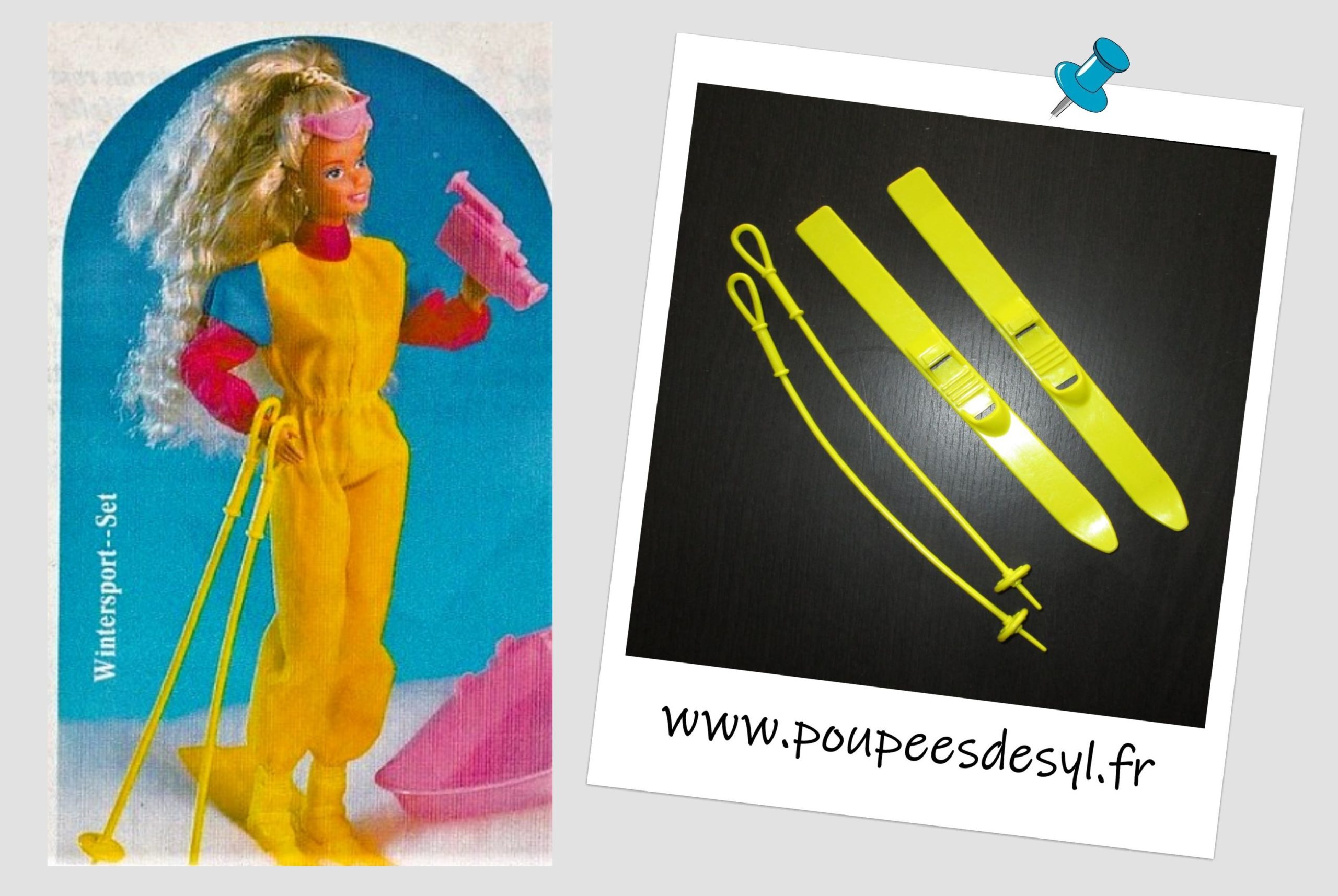 BARBIE – Paire de skis et batons jaunes – DRESS’N PLAY – #7433 – 1990